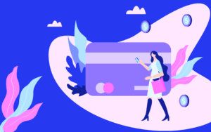 Best rewards Credit card, blue and purple. Woman holding a credit card 
