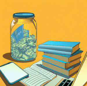 Saving money in a jar and learning how to be frugal. Stack of books, smartphone and a laptop.